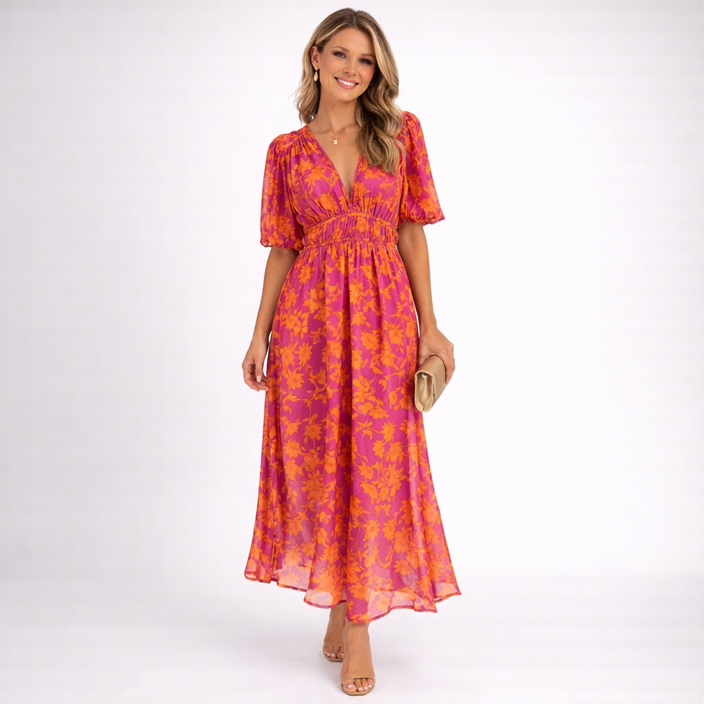 Floral Maxi Dress | Women's Summer Dress in Pink-Orange Print 2