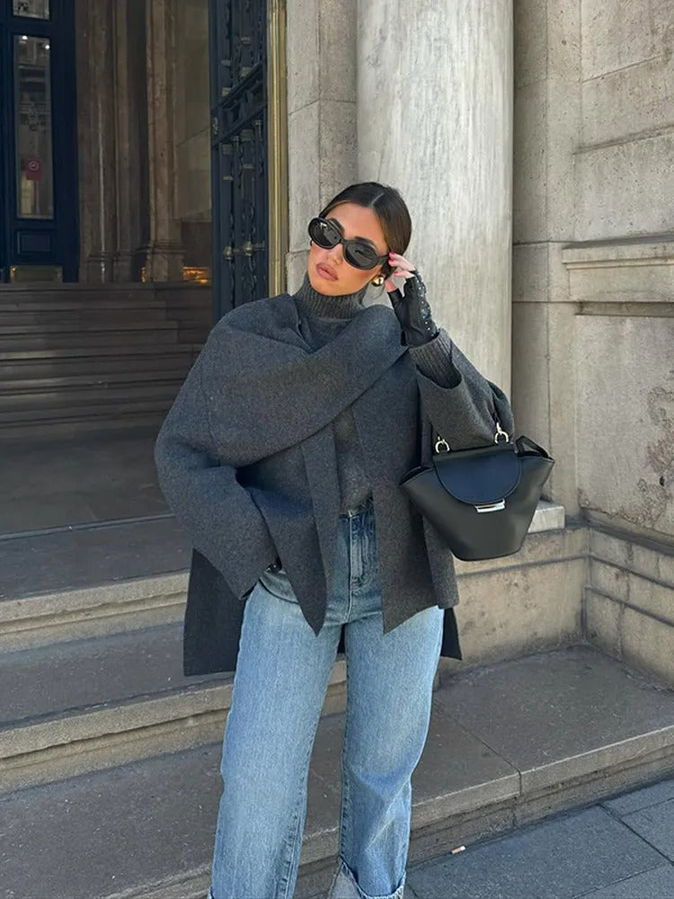 Poncho de lana para mujer Emma – Capa de invierno cálida y asimétrica, envolvente, elegante y de punto suave