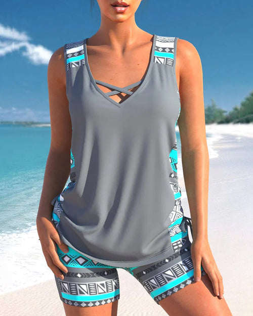 Conjunto tankini para mujer Bienna – Top de baño con estampado geométrico y shorts a juego