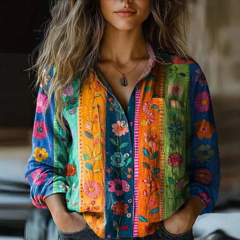Blusa vintage para mujer Mira – Camisa de manga larga con estampado étnico y botones delanteros