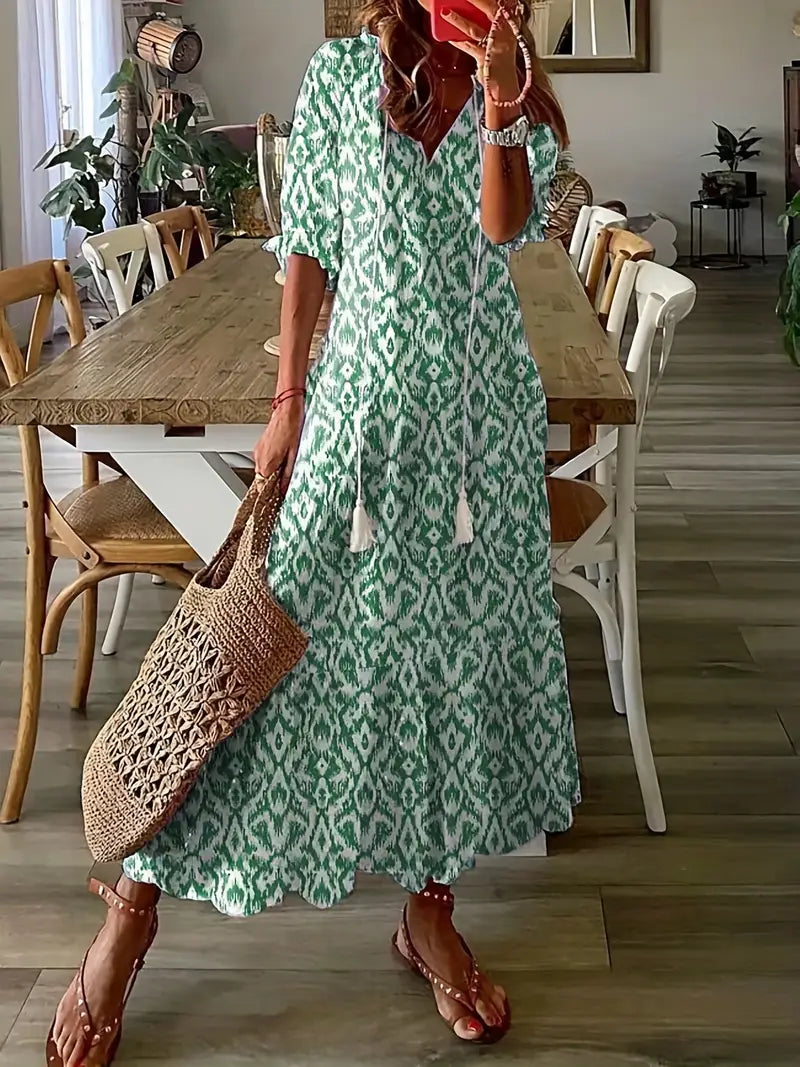 Abito boho da donna Charm – Abito estivo con scollo a V, volant e stampa ikat