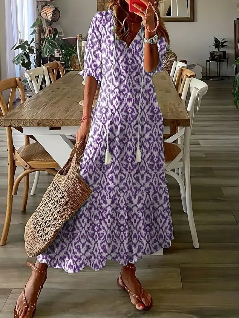 Abito boho da donna Charm – Abito estivo con scollo a V, volant e stampa ikat