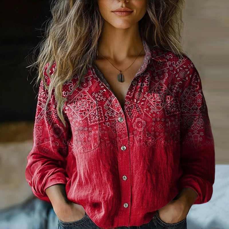 Blusa vintage para mujer Mira – Camisa de manga larga con estampado étnico y botones delanteros