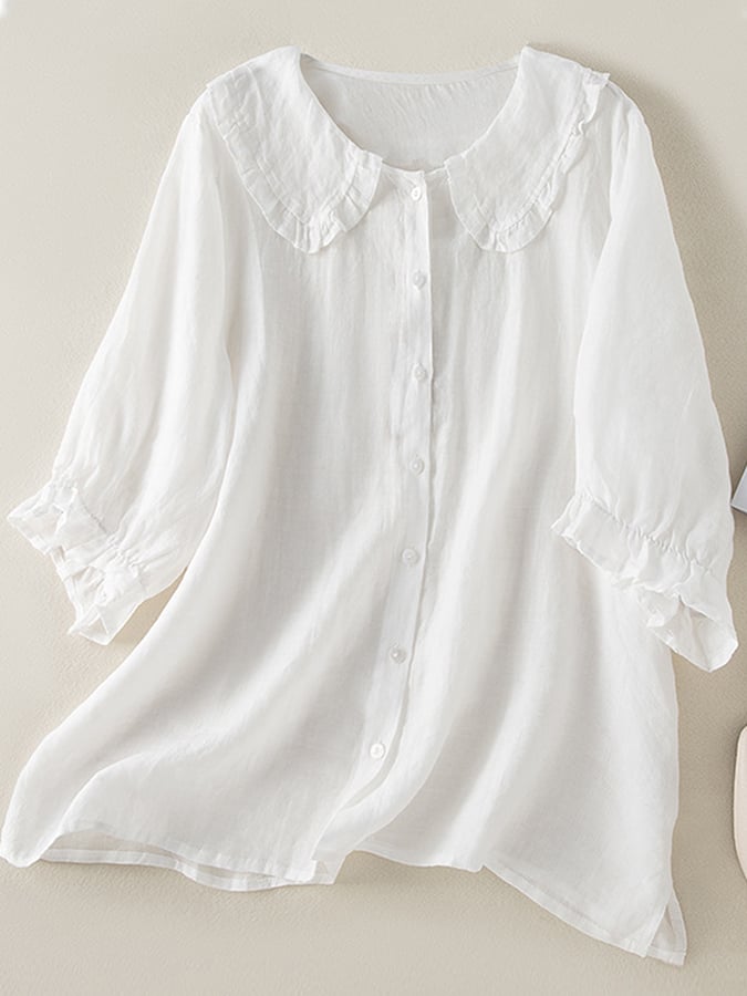 Blusa de algodón y lino para mujer Jillian: camisa holgada con cuello Peter Pan y volantes