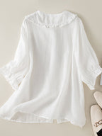 Blusa de algodón y lino para mujer Jillian: camisa holgada con cuello Peter Pan y volantes