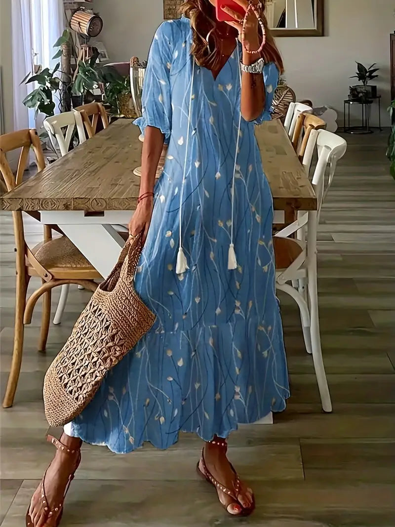 Abito boho da donna Charm – Abito estivo con scollo a V, volant e stampa ikat