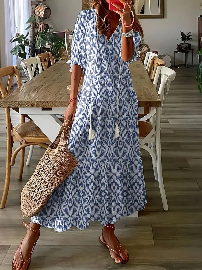 Abito boho da donna Charm – Abito estivo con scollo a V, volant e stampa ikat