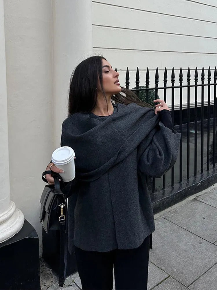 Poncho de lana para mujer Emma – Capa de invierno cálida y asimétrica, envolvente, elegante y de punto suave