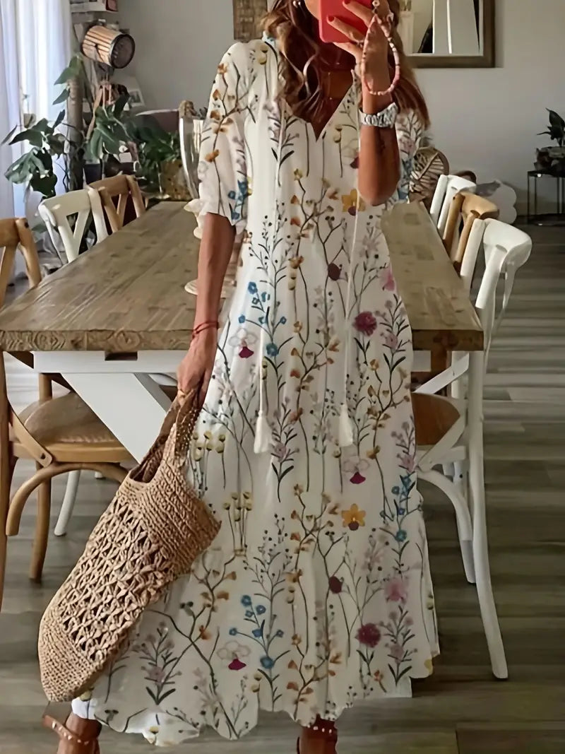 Abito boho da donna Charm – Abito estivo con scollo a V, volant e stampa ikat