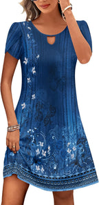 Natalie Women's Floral Midi Dress – Round Neck A-Line Dress with Puff Sleeves & Pockets