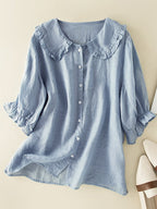 Blusa de algodón y lino para mujer Jillian: camisa holgada con cuello Peter Pan y volantes