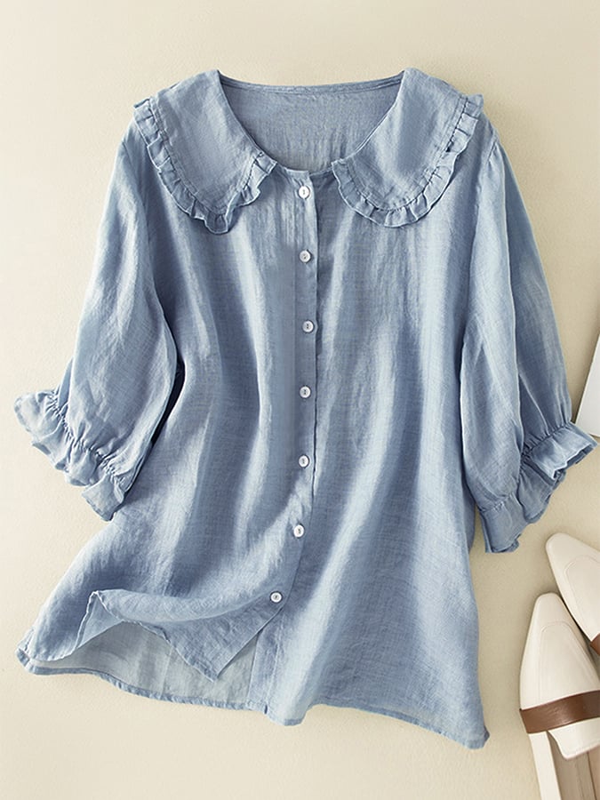 Blusa de algodón y lino para mujer Jillian: camisa holgada con cuello Peter Pan y volantes