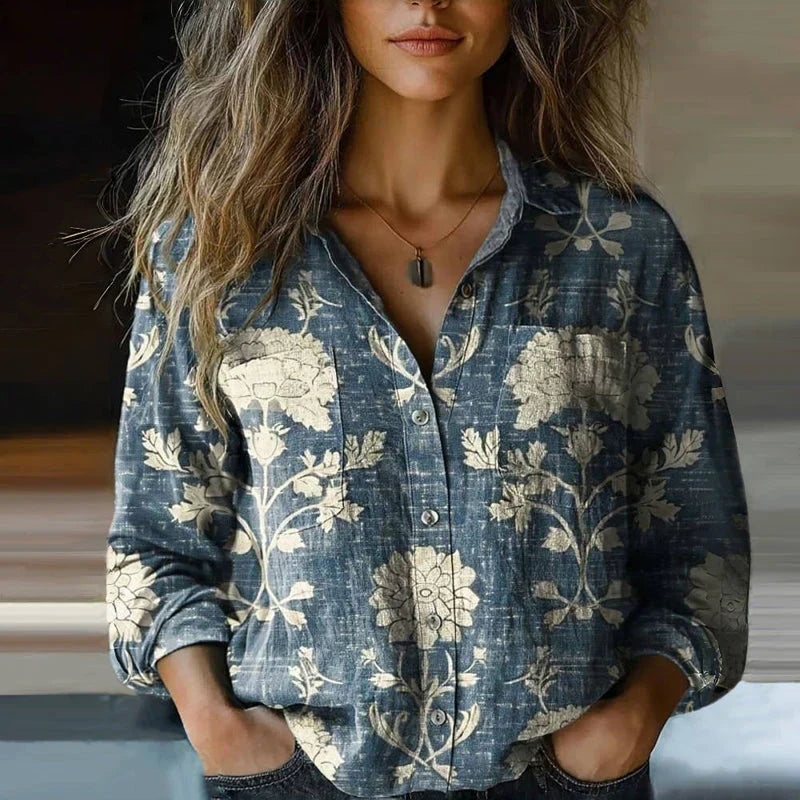Blusa vintage para mujer Mira – Camisa de manga larga con estampado étnico y botones delanteros