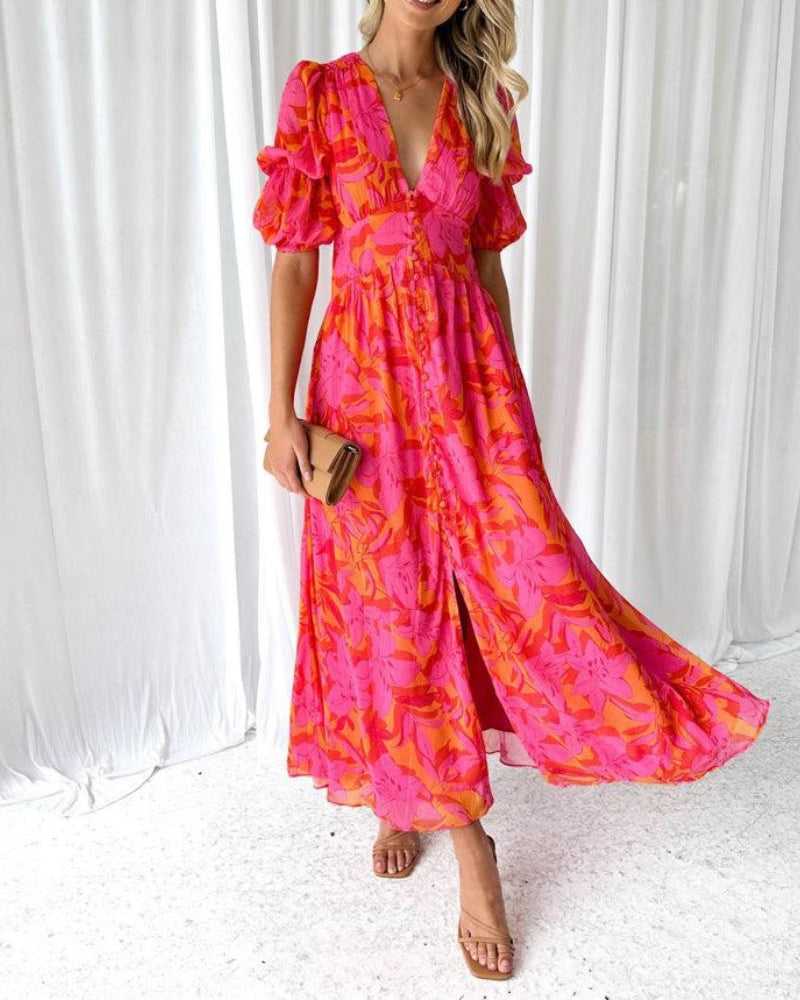 Dorothy Women's V-Neck Dress – Pink Puff Sleeve Flowy Summer Dress