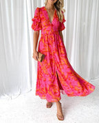 Dorothy Women's V-Neck Dress – Pink Puff Sleeve Flowy Summer Dress