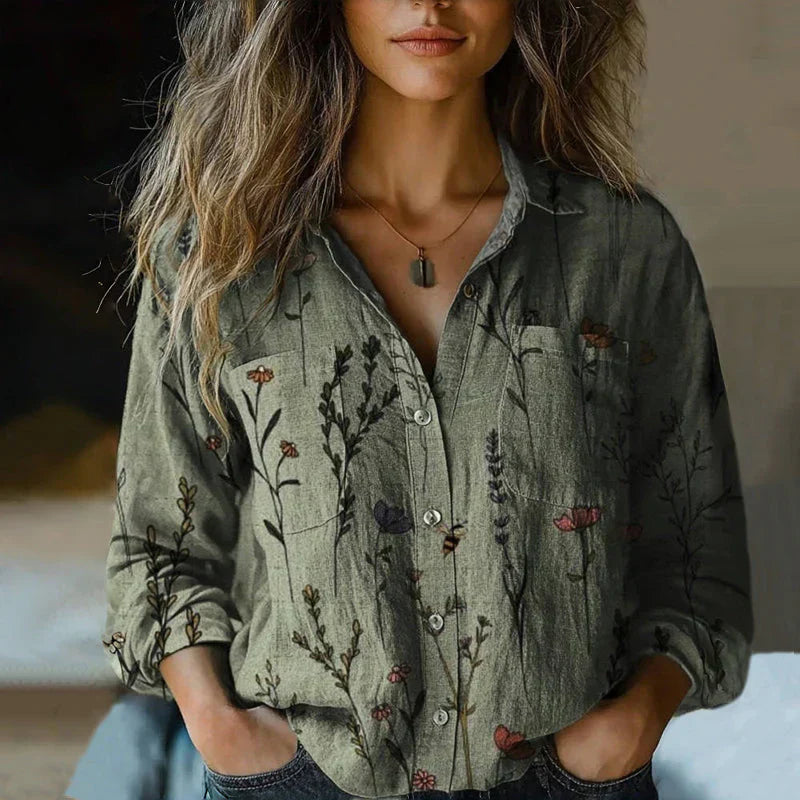 Blusa vintage para mujer Mira – Camisa de manga larga con estampado étnico y botones delanteros