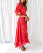 Dorothy Women's V-Neck Dress – Pink Puff Sleeve Flowy Summer Dress