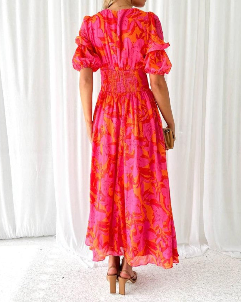 Dorothy Women's V-Neck Dress – Pink Puff Sleeve Flowy Summer Dress