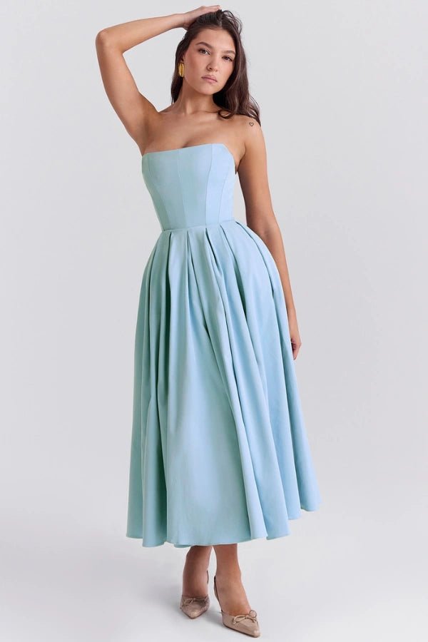 Aneri Midi Dress | Soft Rayon Twill, Strapless Wedding Guest Dress 0