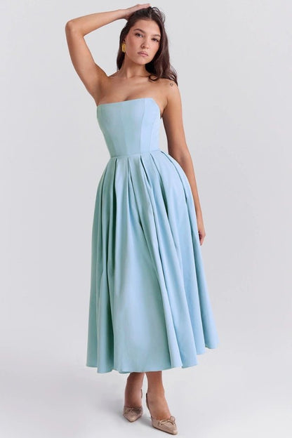 Aneri Midi Dress | Soft Rayon Twill, Strapless Wedding Guest Dress 0