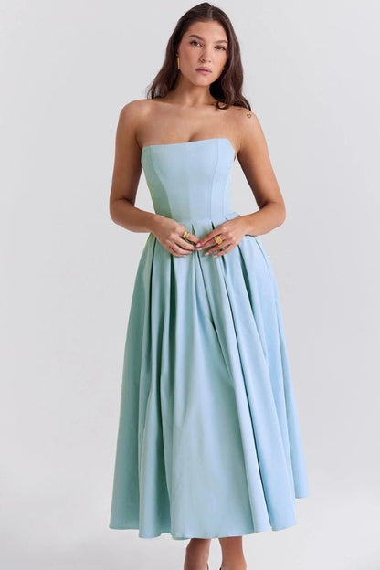 Aneri Midi Dress | Soft Rayon Twill, Strapless Wedding Guest Dress 1