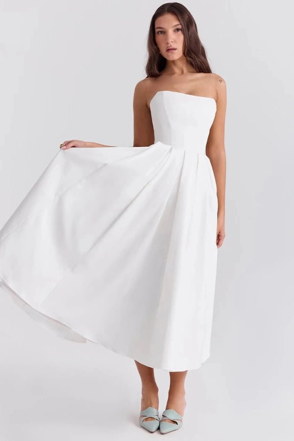 Aneri Midi Dress | Soft Rayon Twill, Strapless Wedding Guest Dress 11