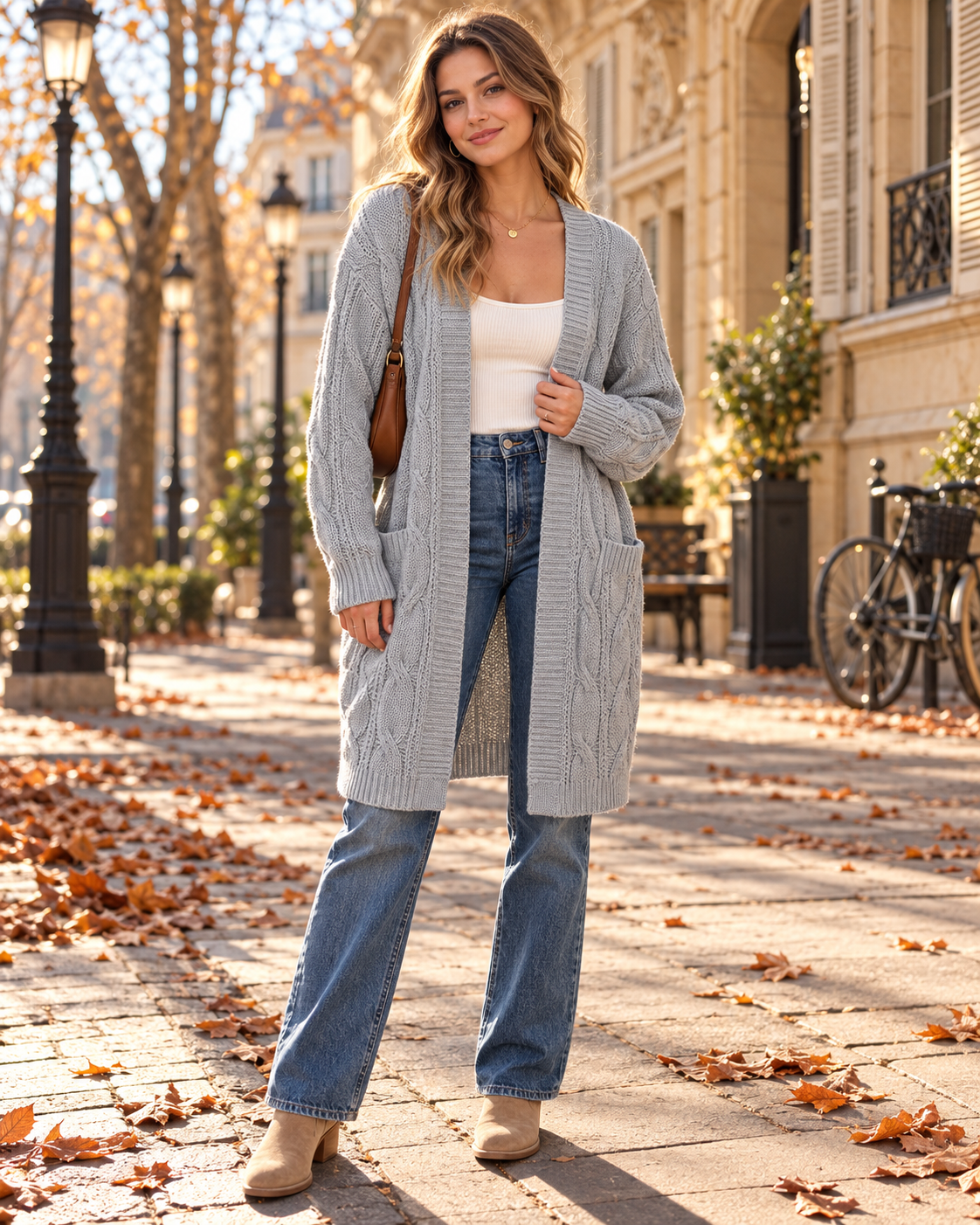Long cardigan Luciana décontracté en maille torsadée, ouvert sur le devant, pour femme – Pull léger avec poches