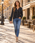 Isadora Printed Long-Sleeve Henley Top with V-Neck and Button Detail - Everyday Edit