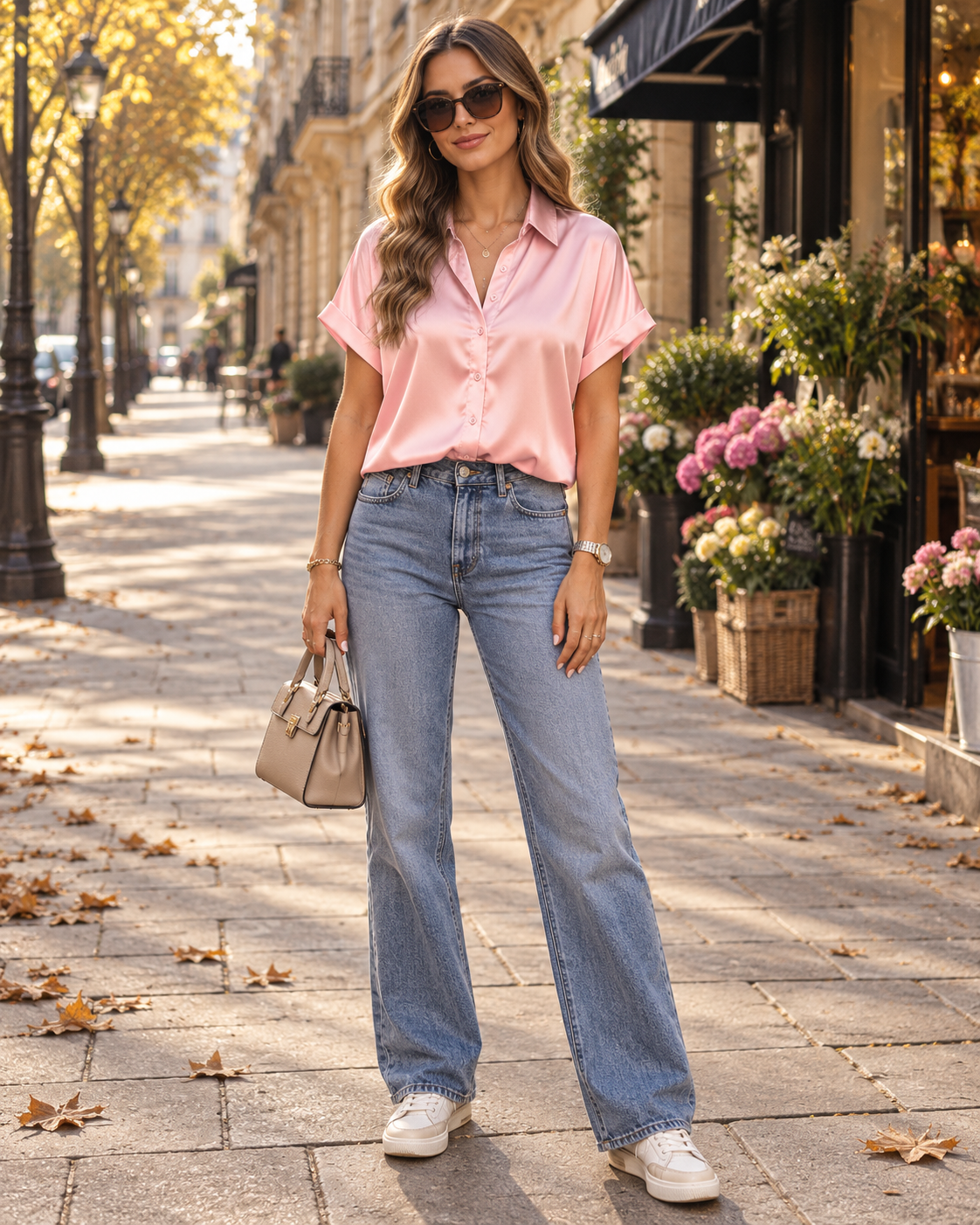 Celine Women's Button-Down Satin Blouse – Lightweight Shirt with Short Sleeves