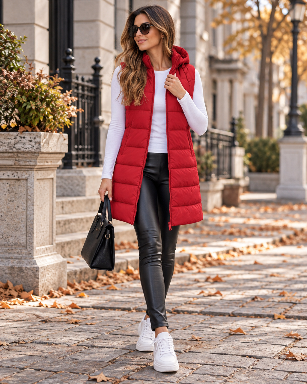 Pauline Women's Quilted Long Hooded Puffer Vest – Zip-Up Front with Side Slits Detail
