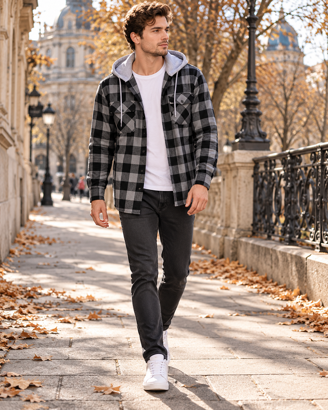 Nico Men’s Plaid Flannel Hooded Button-Down Shirt with Long Sleeves