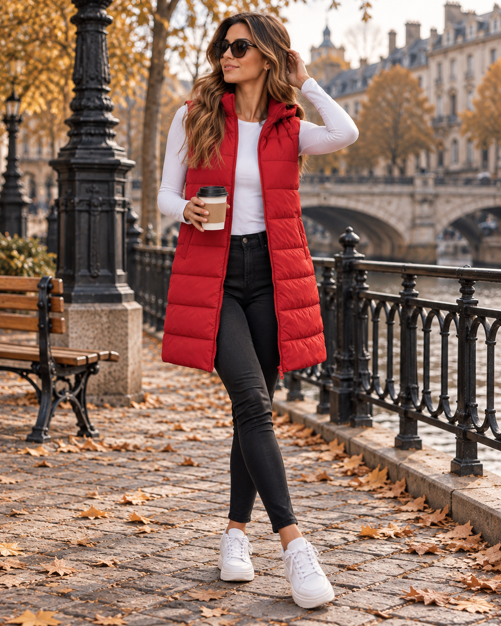 Pauline Women's Quilted Long Hooded Puffer Vest – Zip-Up Front with Side Slits Detail