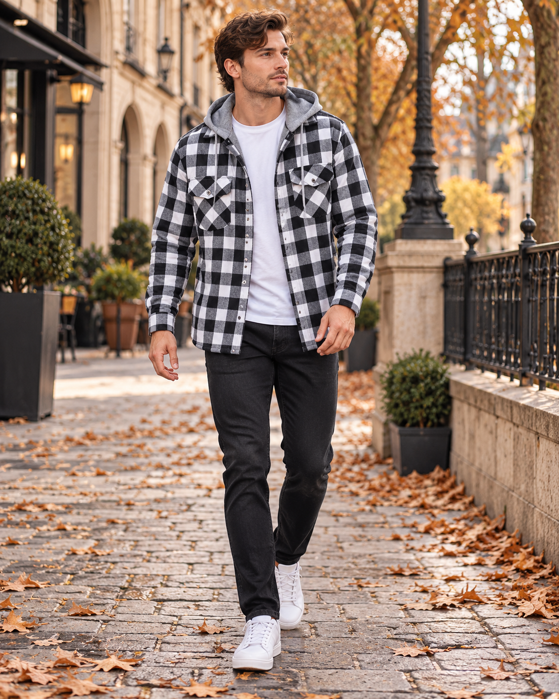Camicia Nico da uomo in flanella a quadri con cappuccio, abbottonatura frontale e maniche lunghe