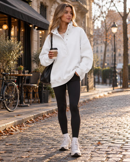 Sudadera Henley para mujer Brietta – Pulóver extragrande de manga larga con cuello de broches