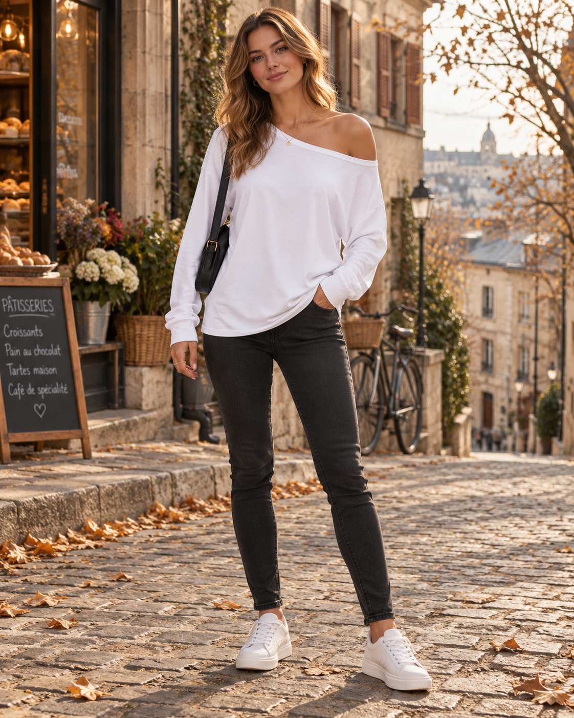 Haut oversize asymétrique Kaia pour femme, épaules dénudées - Chemise décontractée à manches longues