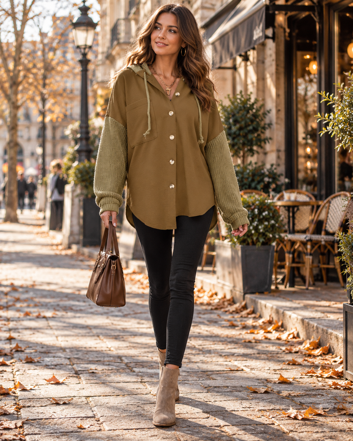 Xandra Women's Button-Front Relaxed Oversize Hooded Sweatshirt Featuring Knit Sleeves and Loose Fit