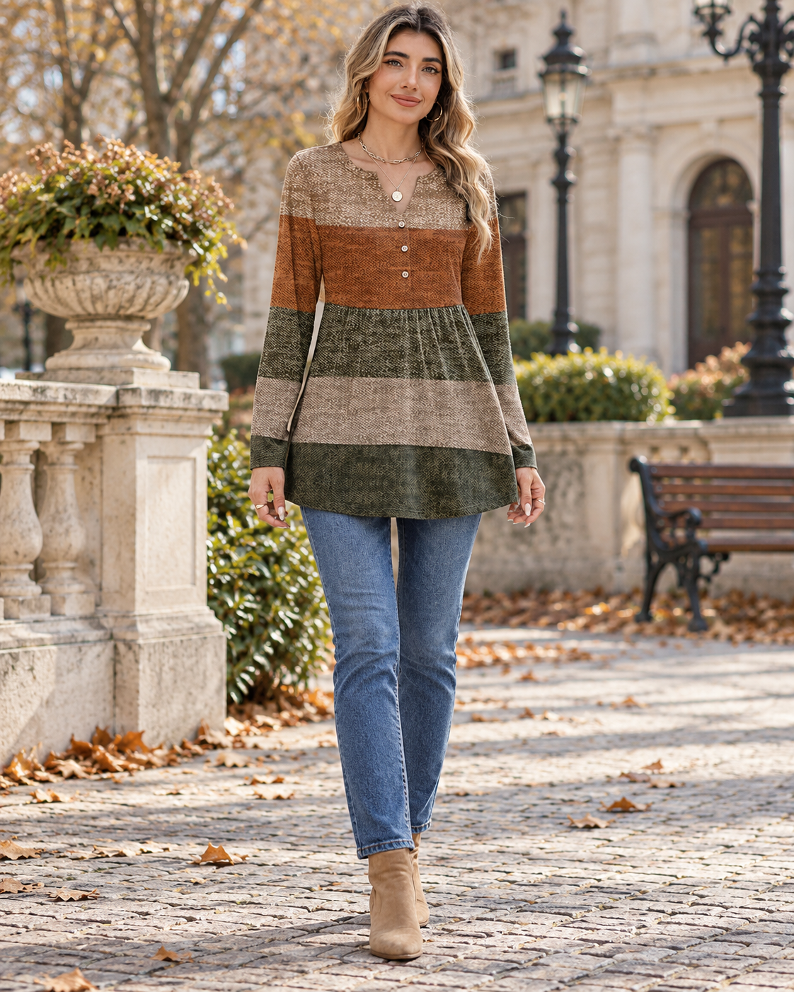 Tunique pour femme à manches longues et col en V, style henley – Motif plissé à empiècements contrastés