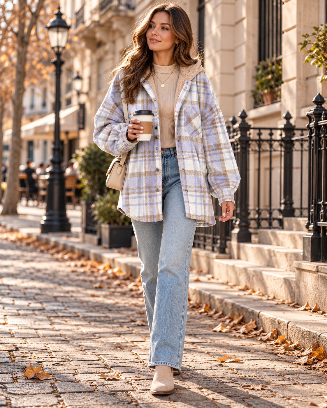 Yana Women's Plaid Relaxed Oversize Hooded Flannel Shacket Featuring Front Button and Chest Pocket