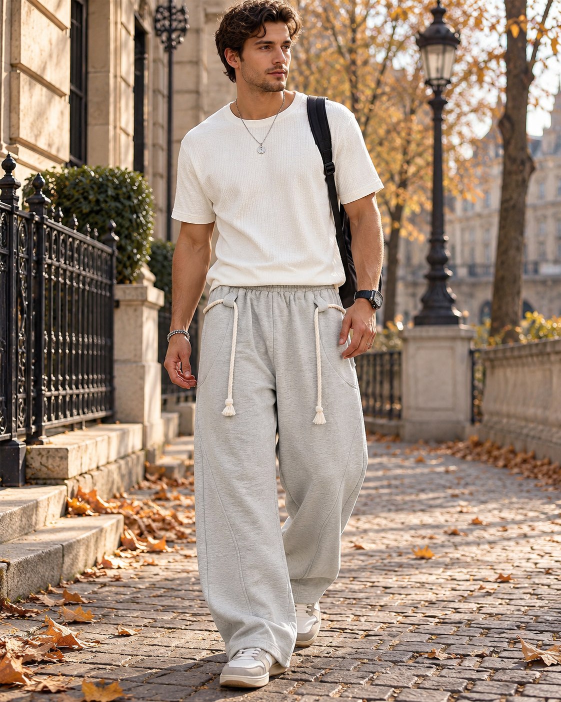 Pantaloni della tuta Paolo da uomo, ampi e a gamba larga, con forma a barile, cordoncino decorativo e tasche laterali
