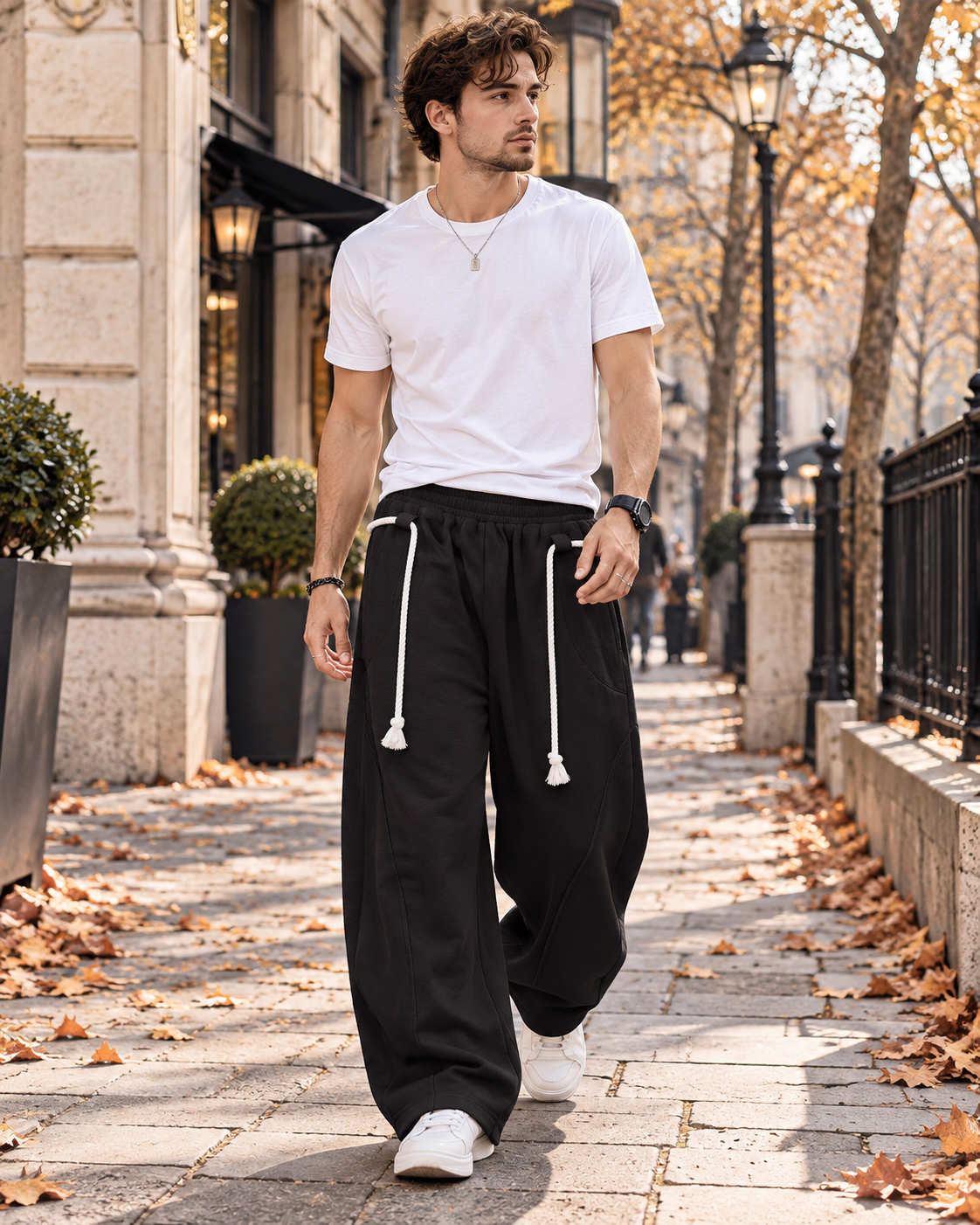 Paolo Men’s Baggy Barrel Wide Leg Sweatpants with Decorative Rope and Side Pockets