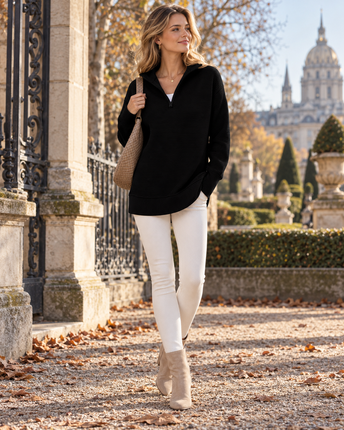Freya Long-Sleeve Tunic Pullover Quarter-Zip Ribbed Knit Sweater for Women – Relaxed High-Collar Layer