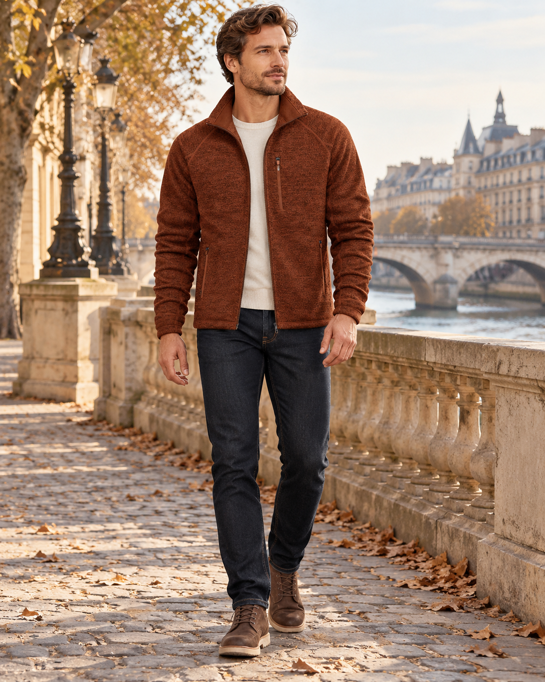 Crisanto Men's Fleece Lightweight Jacket – Full-Zip Stand-Collar Casual Coat