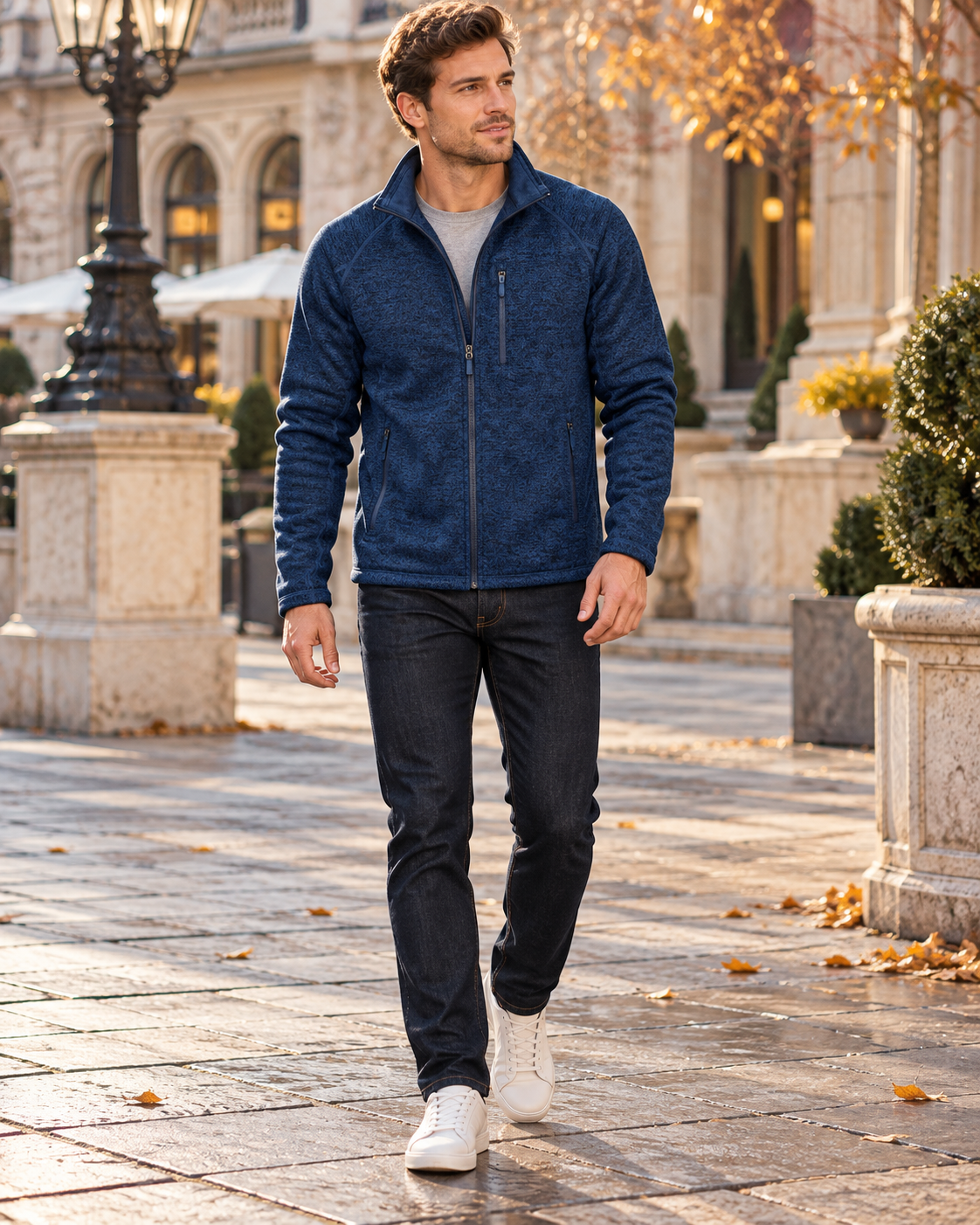 Crisanto Men's Fleece Lightweight Jacket – Full-Zip Stand-Collar Casual Coat