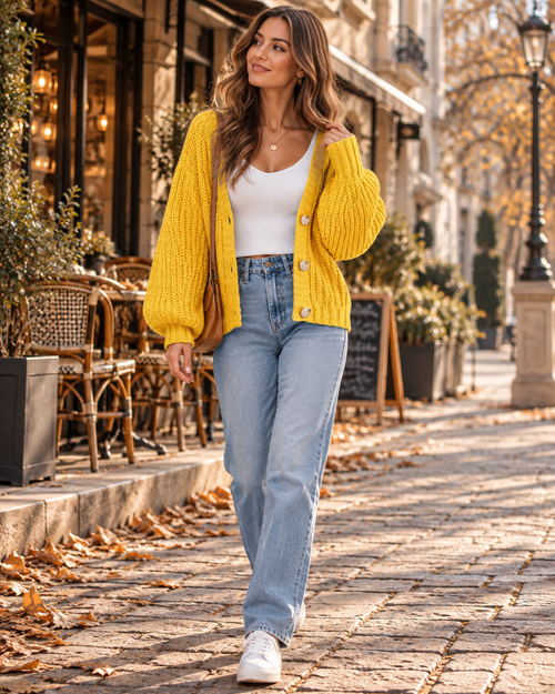 Amara Thick Knit V-Neck Front Button Relaxed Oversize Cardigan Sweater for Casual Wear