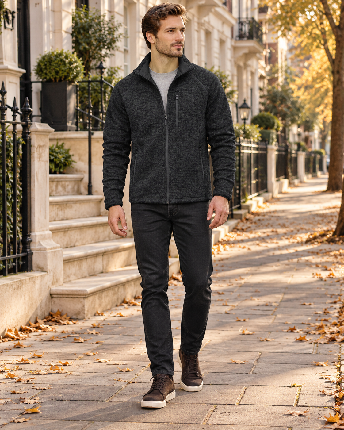 Crisanto Men's Fleece Lightweight Jacket – Full-Zip Stand-Collar Casual Coat