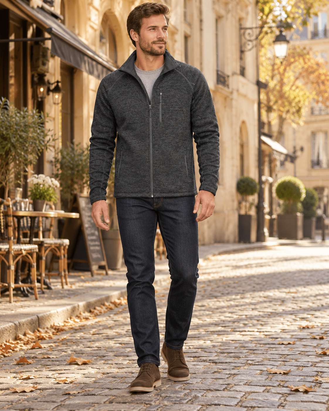 Crisanto Men's Fleece Lightweight Jacket – Full-Zip Stand-Collar Casual Coat