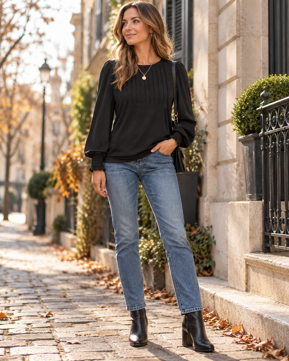 Blouse Paloma à col rond décontracté, plissée et à manches longues, pour femme – Style professionnel décontracté et soigné