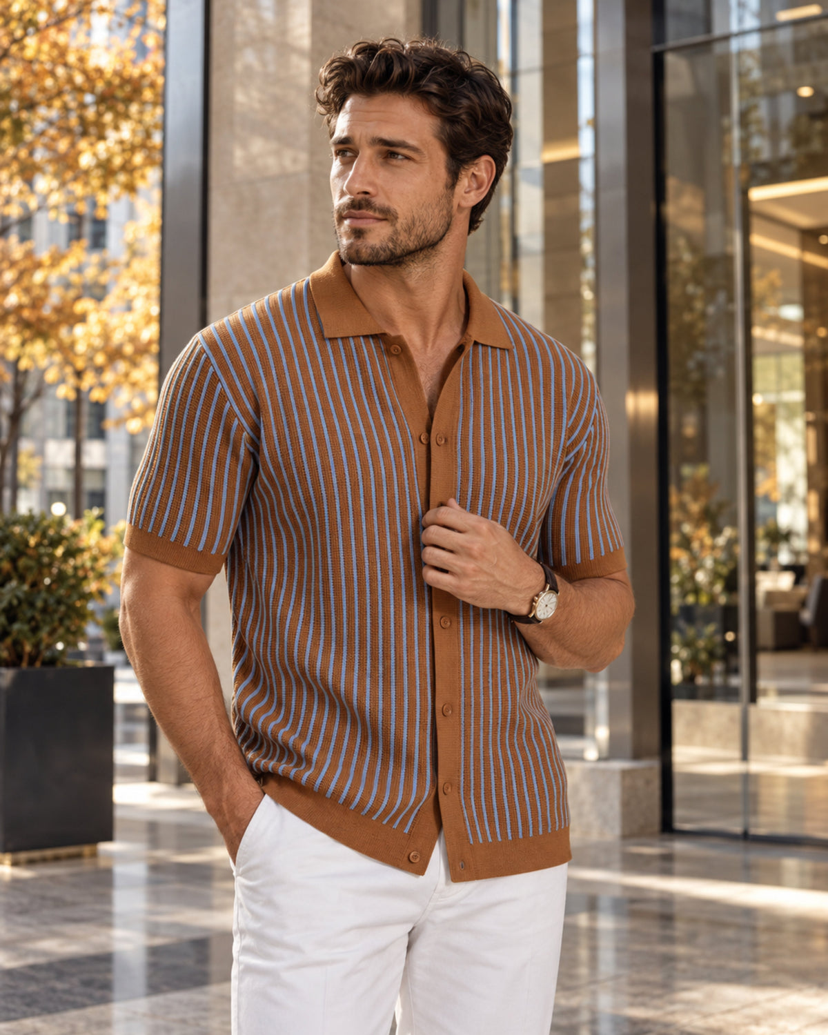 Polo homme Mateo en maille rayée – Manches courtes, boutonné, chemise décontractée d’été