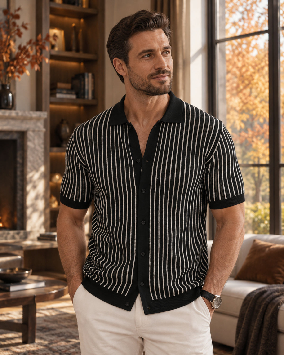 Polo homme Mateo en maille rayée – Manches courtes, boutonné, chemise décontractée d’été