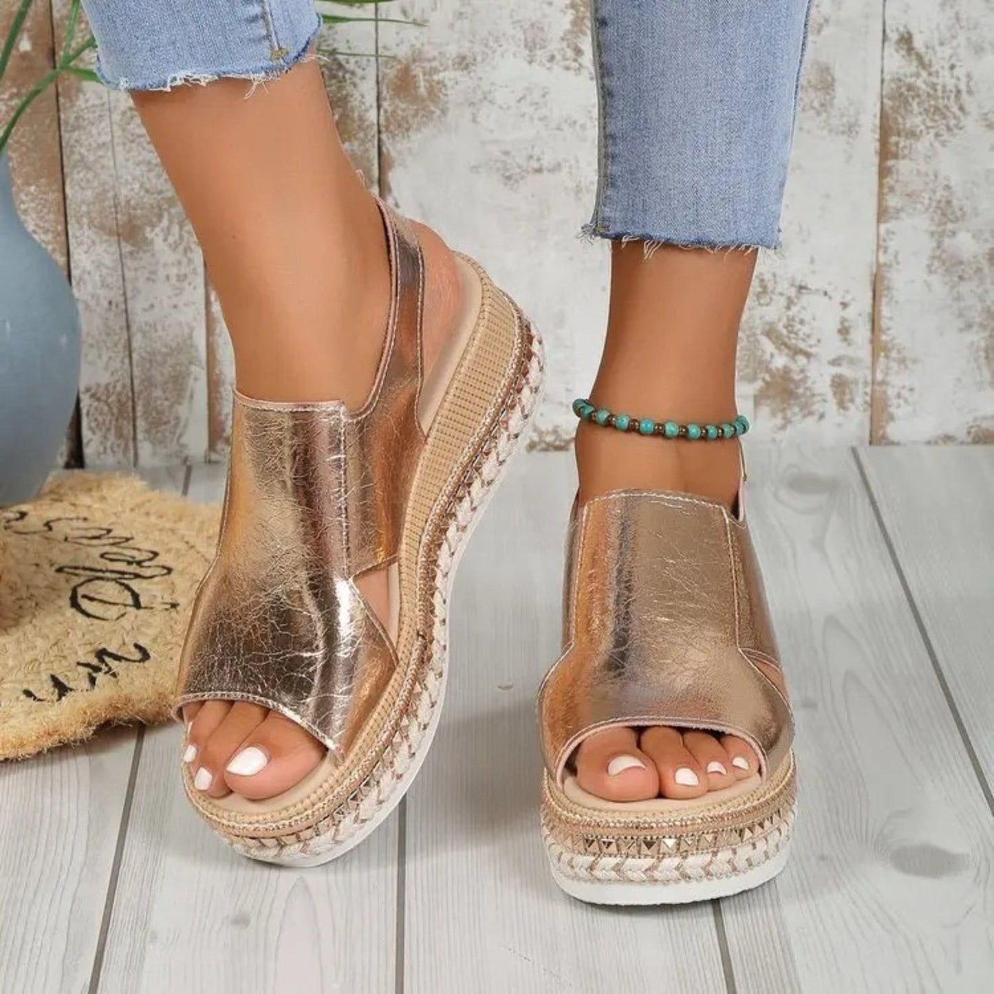 Aurelya Sandals | Pleated Gold Finish, Thick Sole 0